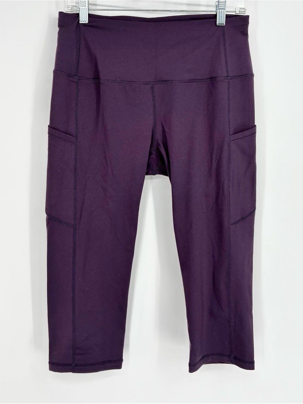 High Waisted Yoga Capris Cropped Leggings with Pockets Purple Size L